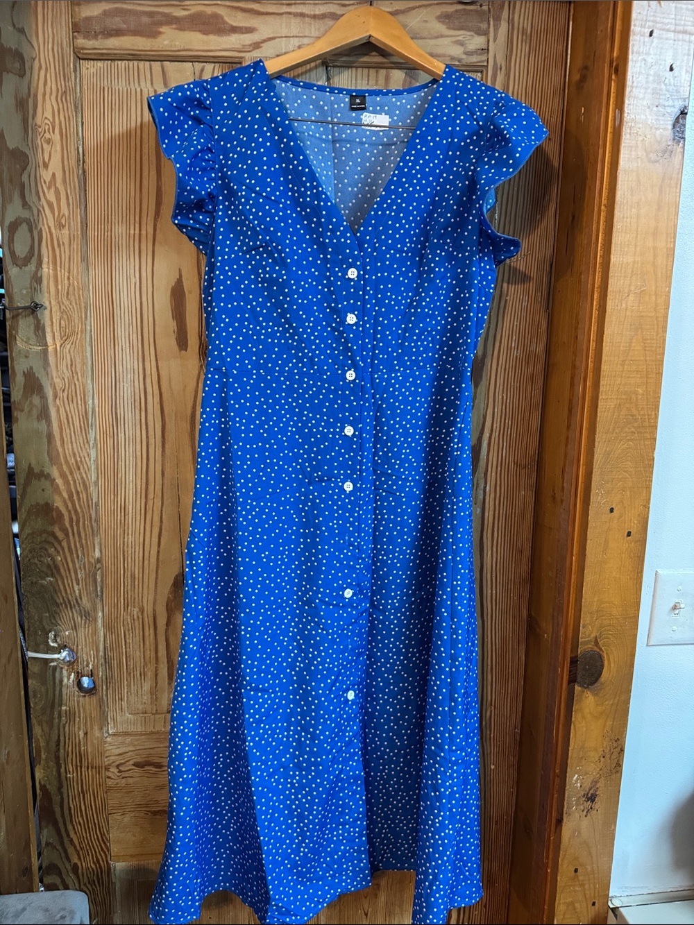Blue Polka Dot Button-Front Women's Dress XL button front ruffle sleeve
